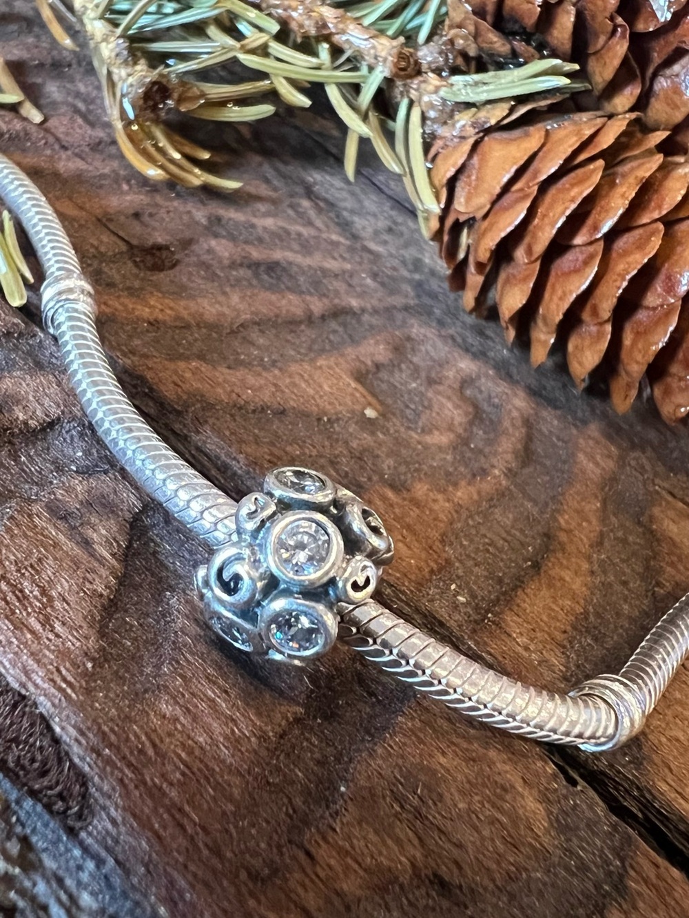 Authentic Pandora Primrose Path Silver Charm Bead Clear Zirconias Oxidized Swirl